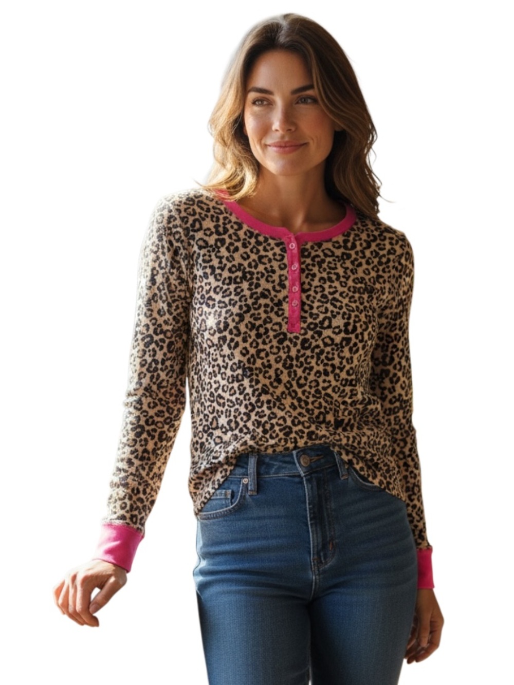 Faded Glory Leopard Henley Top with Hot Pink Trim